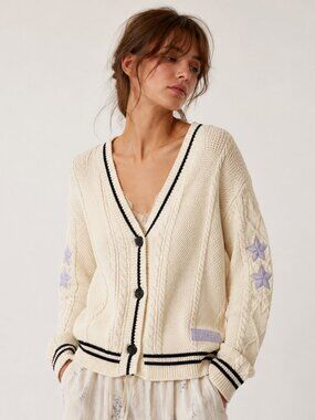 Taylor Swift Folklore Inspired Cable Knit Star Cardigan Cream Black
